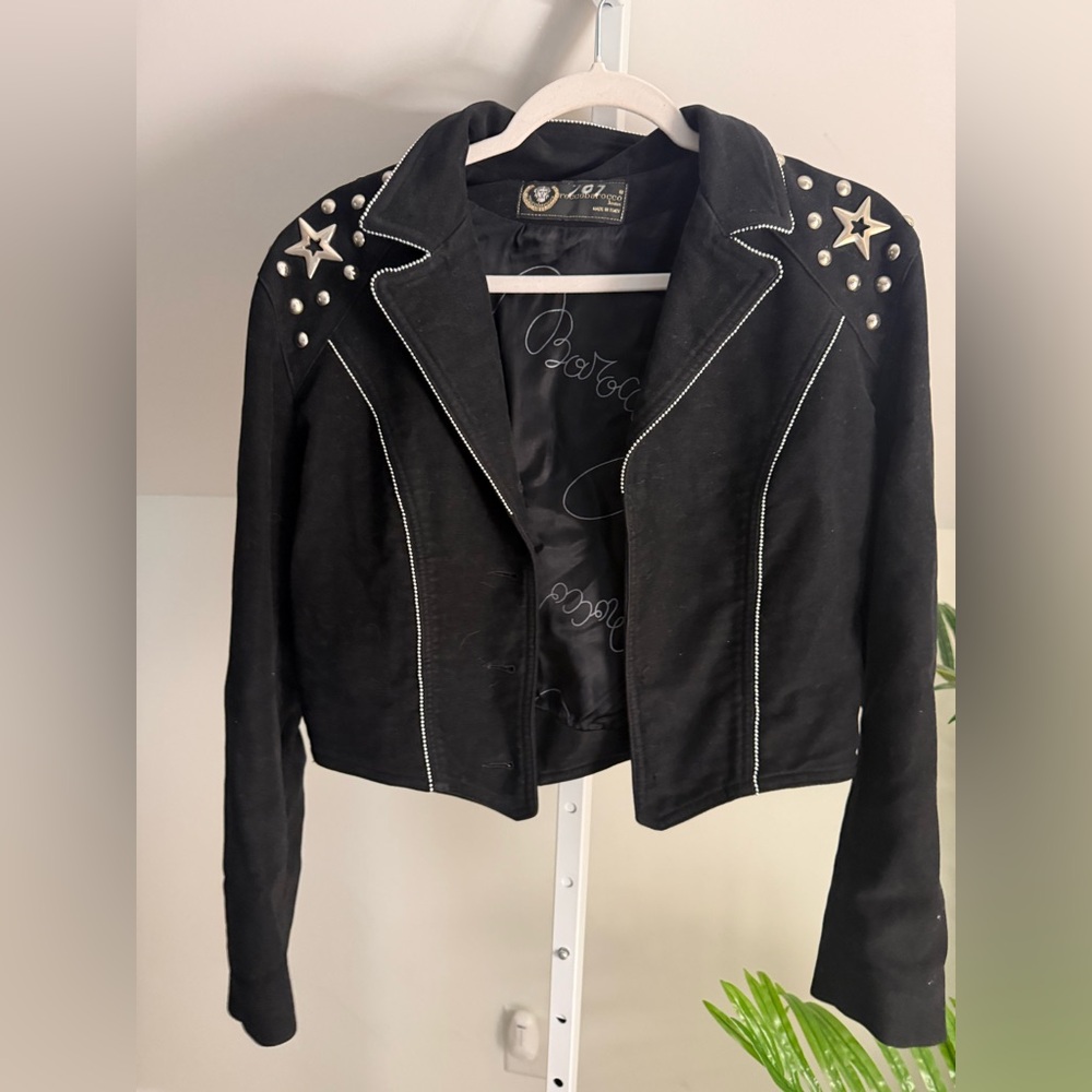 Roccobarocco Jeans Studded Star‎ Cropped Moto Jacket Black Made in Italy 42